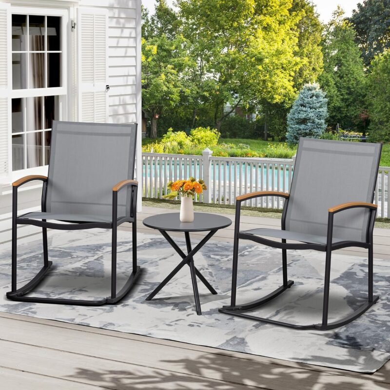 Shintenchi 3 Piece Outdoor Rocking Bistro Set, Textilene Fabric Small Patio Furniture Set, Front Porch Rocker Chairs Conversation Set with Table for Lawn, Garden, Balcony, Poolside (Light Gray) - Imagen 7