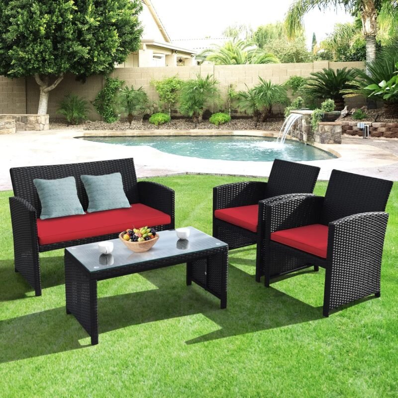 Goplus Rattan Patio Furniture Set 4 Pieces, Outdoor Wicker Conversation Sofa and Table Set with Soft Cushions & Tempered Glass Coffee Table for Balcony Garden Backyard (Red) - Imagen 4