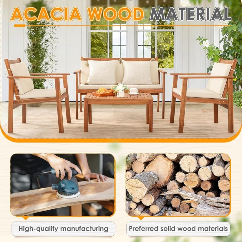 Greesum 4 Piece Bistro Patio Furniture Outdoor Chat Chair Set with Water Resistant Cushions and Coffee Table for Beach Backyard Garden, Acacia Wood - Imagen 7