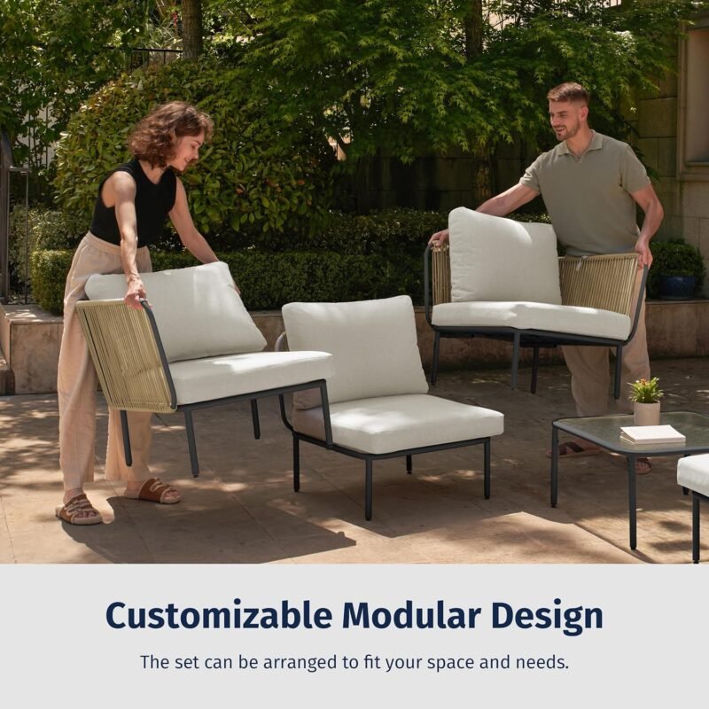 EAST OAK 5-Piece Montauk Modular Patio Furniture Set, Outdoor Corner Sofa with Cushion and Glass Coffee Table, Modern Patio Conversation Set for Garden, Backyard and Porch, Beige & Grey - Imagen 2