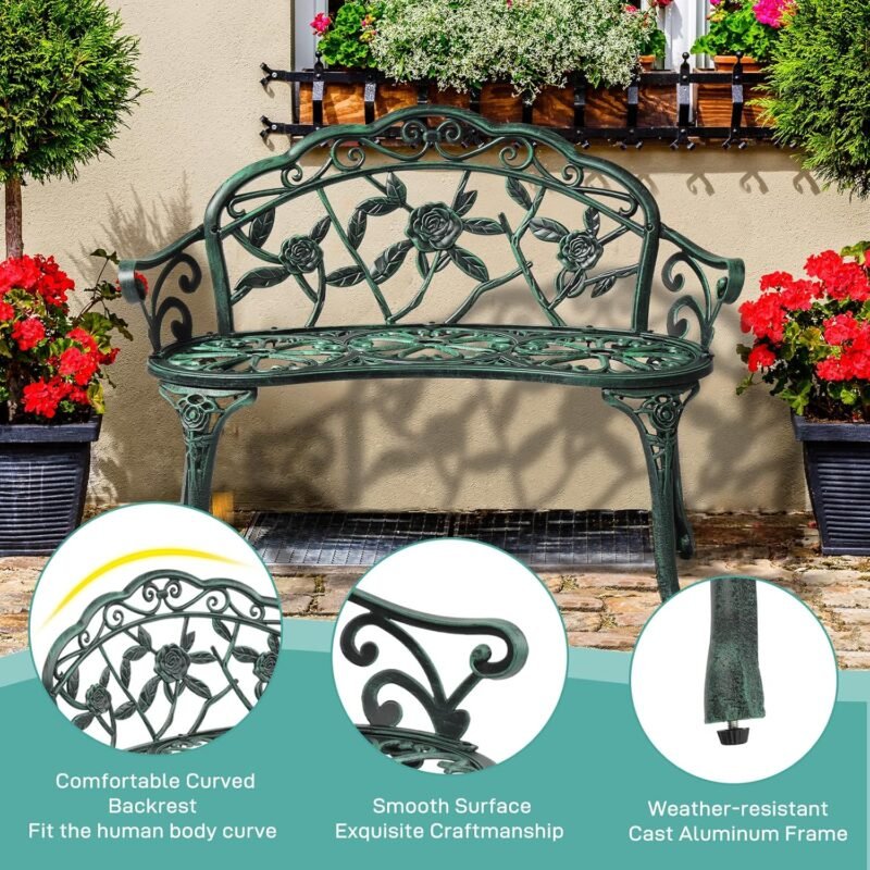 VINGLI 38.5" Patio Park Garden Outdoor Metal Rose Bench,Cast Iron Cast Aluminium Frame Antique Finish Chair,Accented Lawn Front Porch Path Yard Decor Deck Furniture for 2 Person Seat（Green&Black - Imagen 5