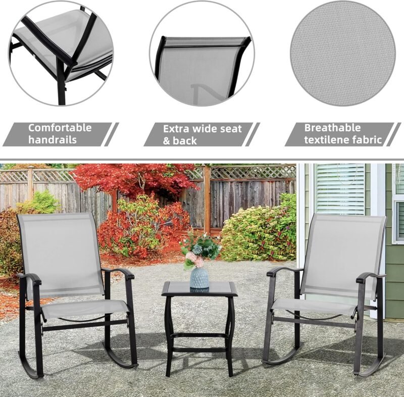 Vongrasig 3 Piece Outdoor Rocking Bistro Set, Textilene Fabric Small Patio Furniture Set, Front Porch Rocker Chairs Conversation Set with Glass Table for Lawn, Garden, Balcony, Poolside (Light Gray) - Imagen 4