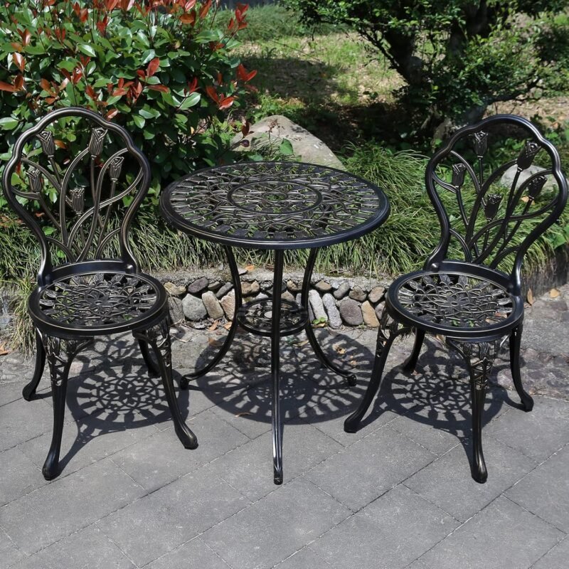 JARDIN DE CENTENNIAL Patio Bistro Set.Rust-Resistant Cast Aluminum Bistro Table Set with Umbrella Hole for Backyard (Tulip Copper) - Imagen 7