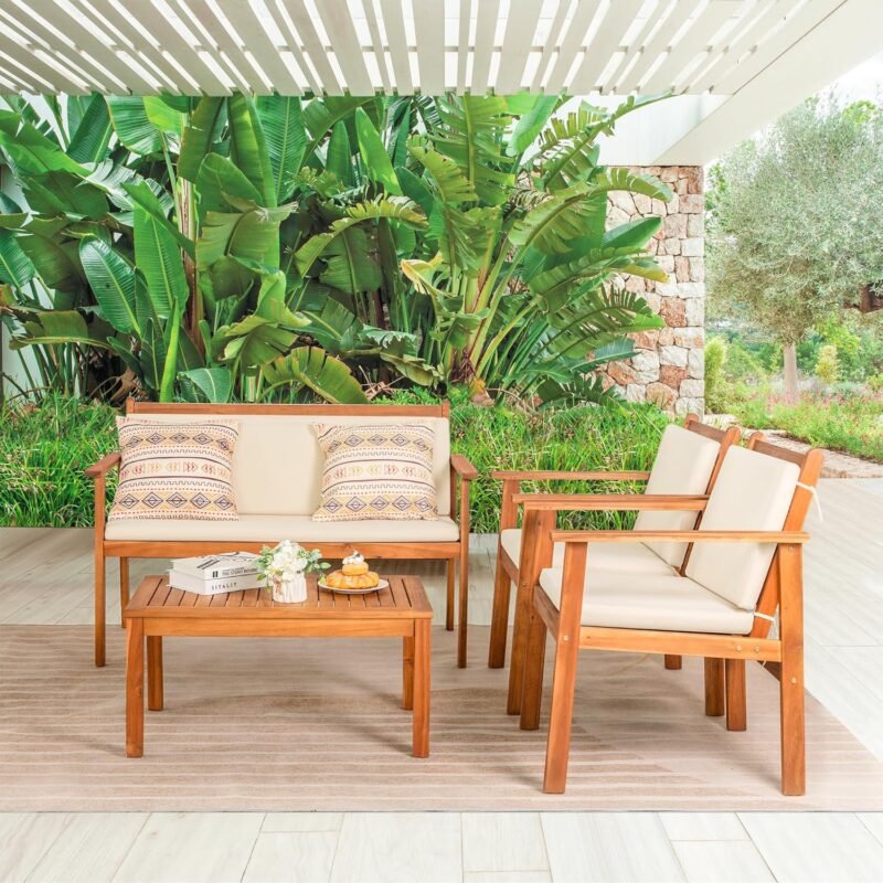 Greesum 4 Piece Bistro Patio Furniture Outdoor Chat Chair Set with Water Resistant Cushions and Coffee Table for Beach Backyard Garden, Acacia Wood - Imagen 3