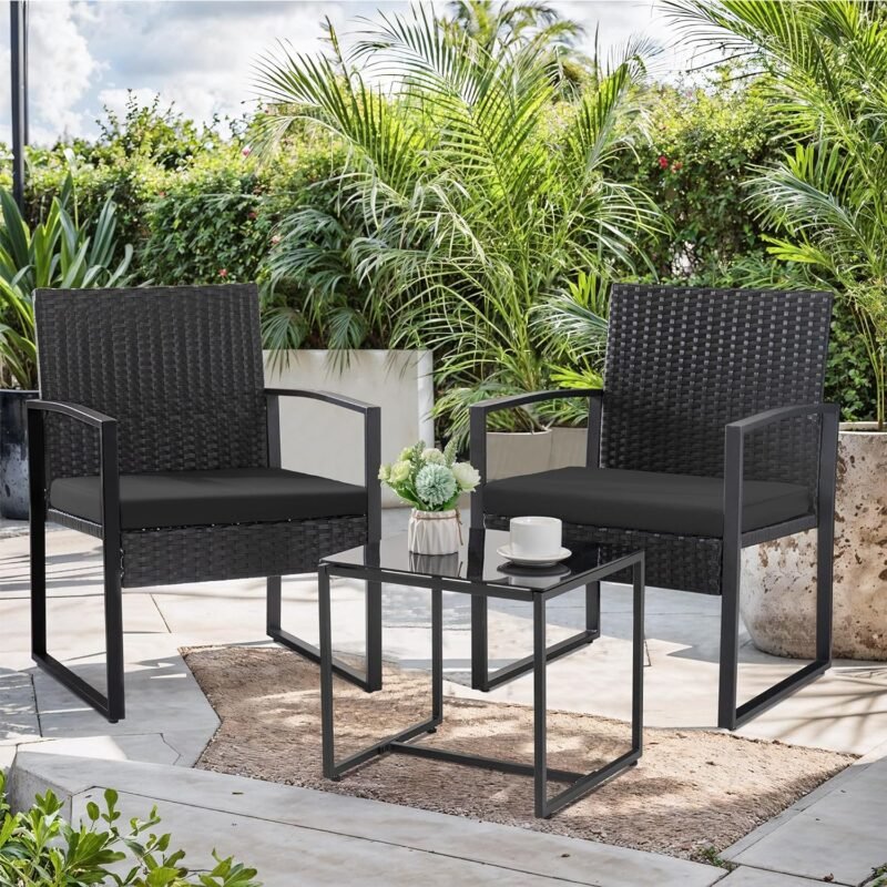 Homall Balcony 3 Piece Furniture Table Garden Backyard Outdoor Patio Use Porch Chairs Cushioned PE Wicker Bistro Set Rattan (Black) - Imagen 2