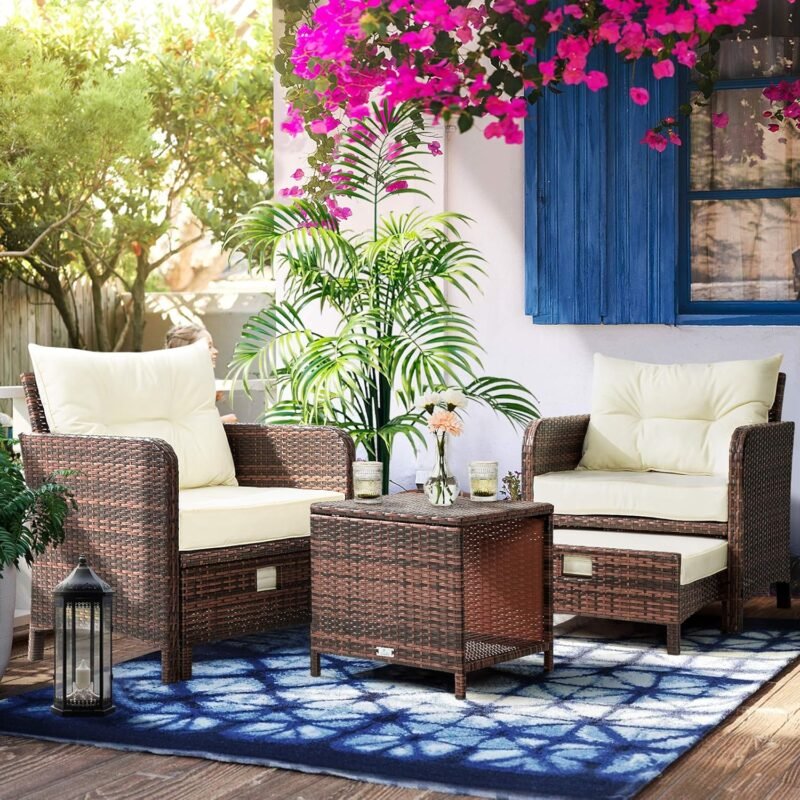 Pamapic 5 Pieces Wicker Patio Furniture Set Outdoor Patio Chairs with Ottomans Conversation Furniture with coffetable for Poolside Garden Balcony(Beige) - Imagen 5
