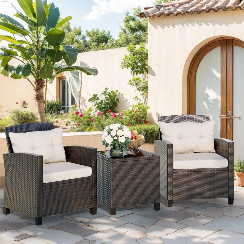 Vongrasig 3 Piece Patio Furniture Set Small Outdoor Wicker Rattan Front Porch Bistro Set Cushioned Patio Chairs Conversation Set with Glass Table for Lawn, Garden, Backyard, Balcony, Poolside (Beige) - Imagen 2