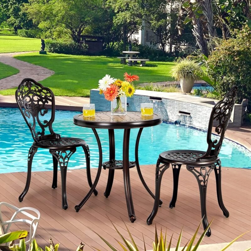 Giantex 3 Piece Patio Bistro Set, Cast Aluminum Patio Table and Chairs with Adjustable Feet, Outdoor Dining Chairs and Table Set for Lawn Porch Garden Balcony Backyard Poolside (Red Copper) - Imagen 3