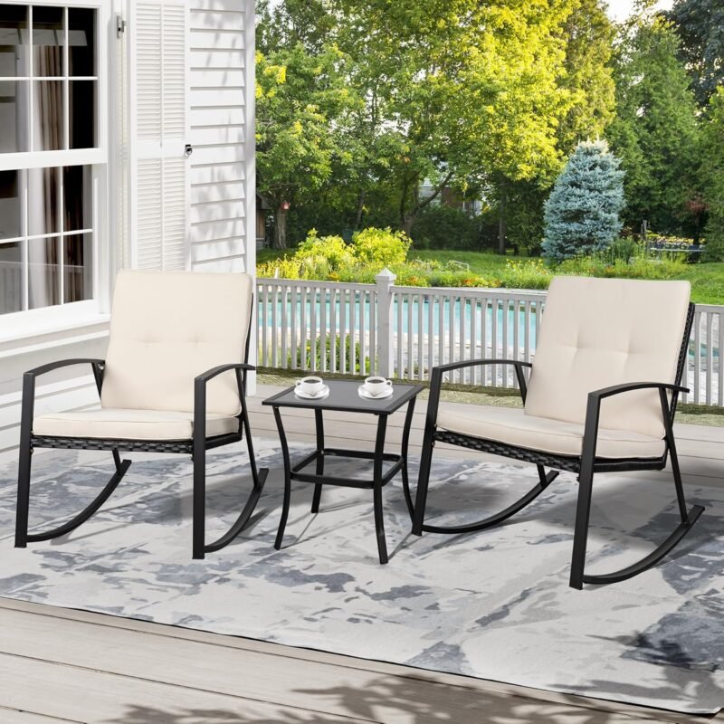 Shintenchi 3 Pieces Rocking Bistro Set Wicker Patio Outdoor Furniture, 2 Rattan Porch Chairs Conversation Sets with Glass Coffee Table (Beige) - Imagen 7