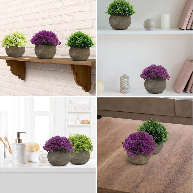 BELLE VOUS Mini Plantas Artificiales Decorativas Verde, Purpura y Blanco (Pack de 4) Macetas Artificiales Decoracion para el Hogar, Oficina, Baño, Cocina, Escritorio, Repisa y Planta Artificial Mesa - Imagen 6