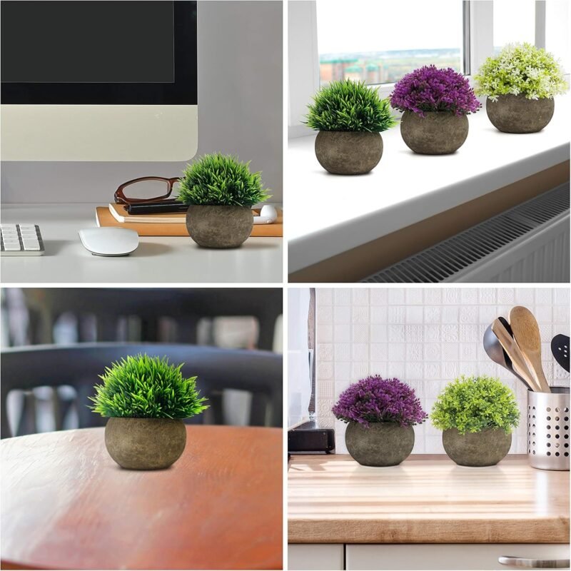 BELLE VOUS Mini Plantas Artificiales Decorativas Verde, Purpura y Blanco (Pack de 4) Macetas Artificiales Decoracion para el Hogar, Oficina, Baño, Cocina, Escritorio, Repisa y Planta Artificial Mesa - Imagen 5