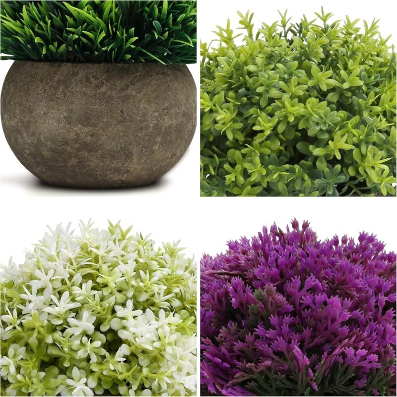 BELLE VOUS Mini Plantas Artificiales Decorativas Verde, Purpura y Blanco (Pack de 4) Macetas Artificiales Decoracion para el Hogar, Oficina, Baño, Cocina, Escritorio, Repisa y Planta Artificial Mesa - Imagen 4