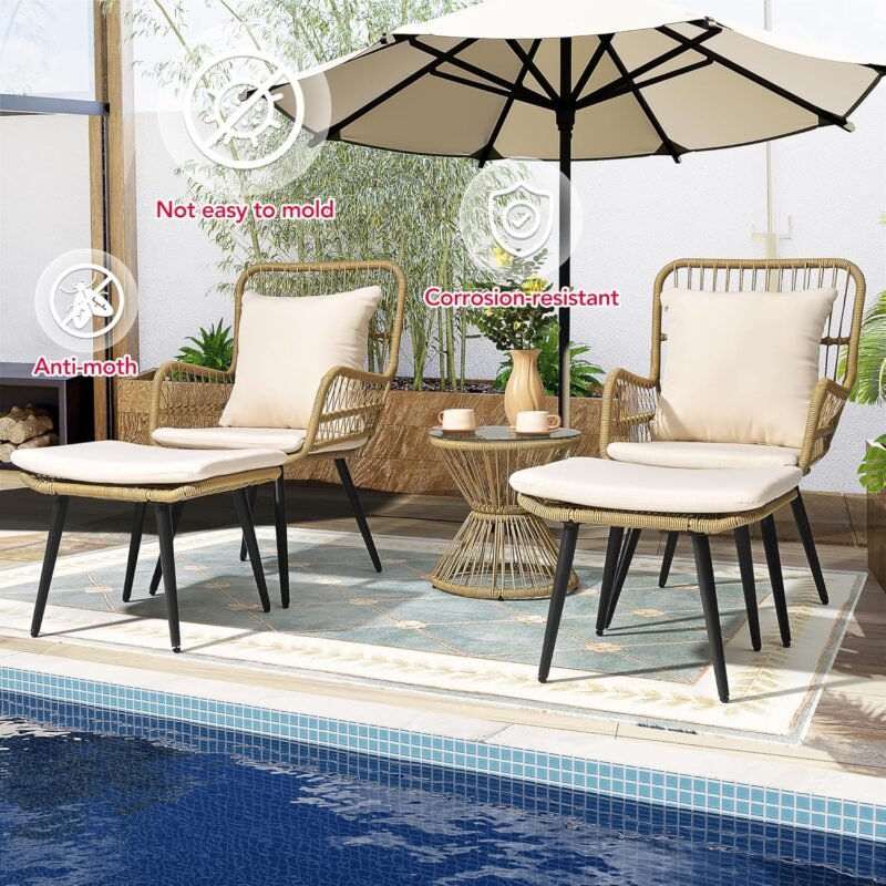 Pamapic Outdoor Patio Bistro Set with Ottoman 5 Piece Rattan Wicker Conversation Chair Sets Balcony Furniture Chairs for Yard Garden Porch Backyard Poolside, Beige - Imagen 3