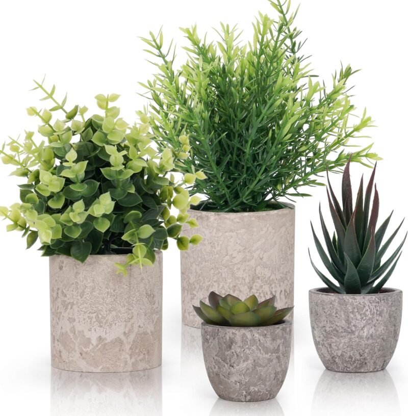 Winter Shore Planta Artificial Verde Pequeña (Pack de 4) - Plantas Artificiales Decorativas con Estilo Campesino - Maceta Interior para Baño y Escritorio de Oficina - Eucalipto y Plantas Suculentas