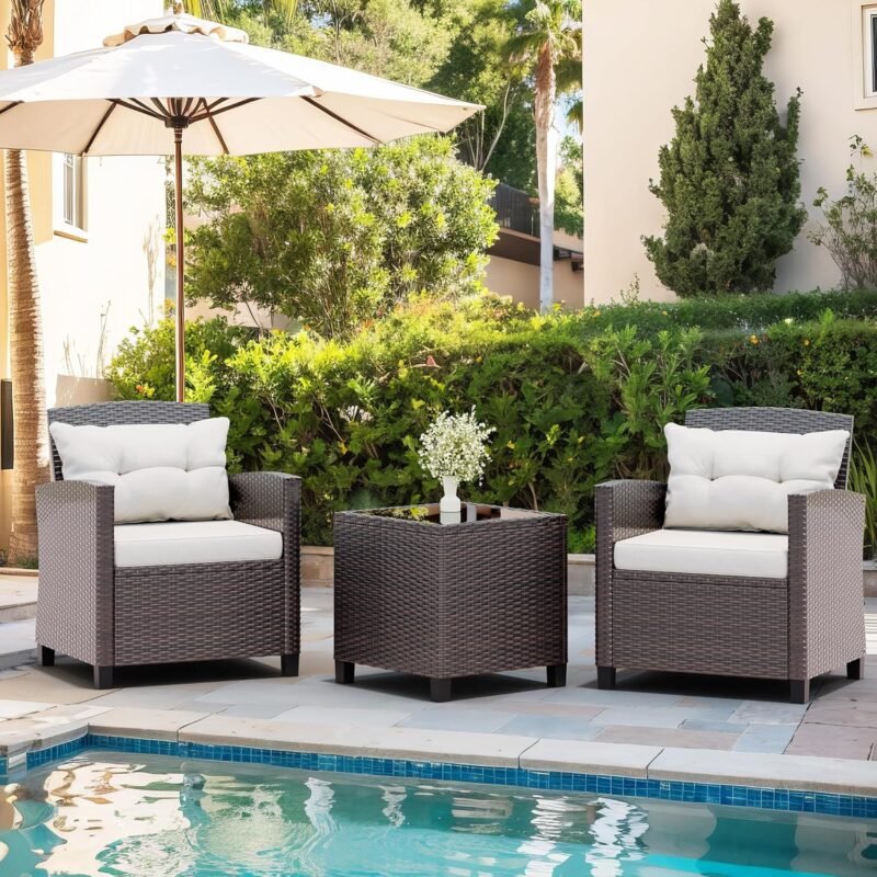 Vongrasig 3 Piece Patio Furniture Set Small Outdoor Wicker Rattan Front Porch Bistro Set Cushioned Patio Chairs Conversation Set with Glass Table for Lawn, Garden, Backyard, Balcony, Poolside (Beige) - Imagen 9