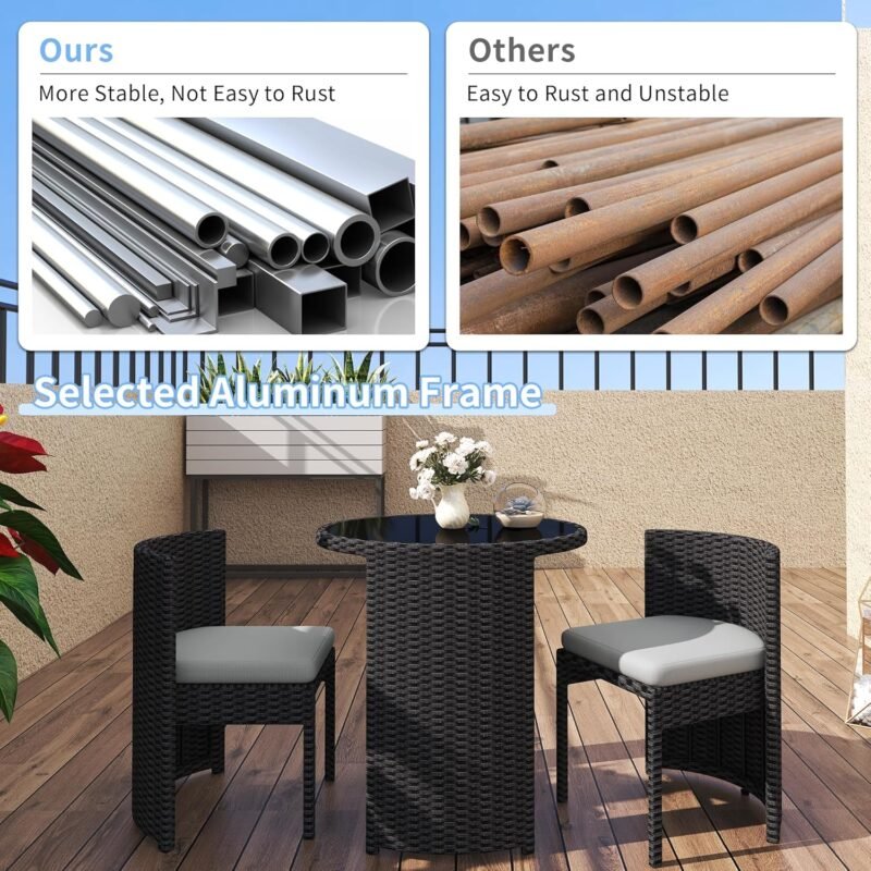 TWT 3 Pieces Aluminum Outdoor Patio Bistro Set All-Weather Wicker Patio Furniture with Tempered Glass Table & Patio Chairs for Poolside Porch Deck Apartment Black - Imagen 2