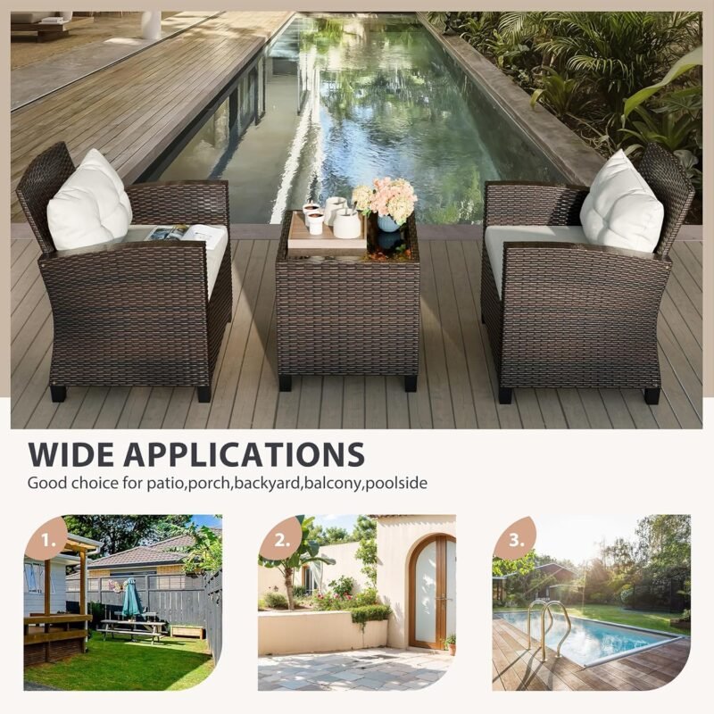 Vongrasig 3 Piece Patio Furniture Set Small Outdoor Wicker Rattan Front Porch Bistro Set Cushioned Patio Chairs Conversation Set with Glass Table for Lawn, Garden, Backyard, Balcony, Poolside (Beige) - Imagen 8