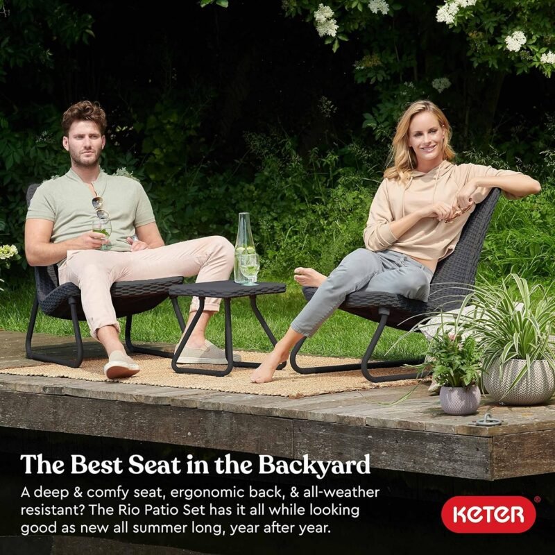 Keter Rio 3 Piece Resin Wicker Patio Furniture Set with Side Table and Outdoor Chairs for Front Porch and Backyard Decor, Dark Grey - Imagen 2