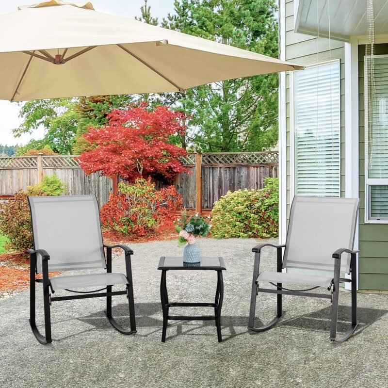Vongrasig 3 Piece Outdoor Rocking Bistro Set, Textilene Fabric Small Patio Furniture Set, Front Porch Rocker Chairs Conversation Set with Glass Table for Lawn, Garden, Balcony, Poolside (Light Gray) - Imagen 9