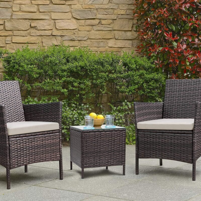 Devoko Patio Porch Furniture Sets 3 Pieces PE Rattan Wicker Chairs with Table Outdoor Garden Furniture Sets (Brown/Beige) - Imagen 6