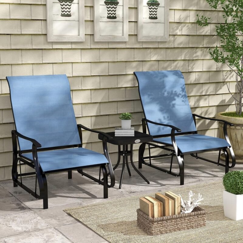Outsunny 3-Piece Outdoor Gliders Set Bistro Set with Steel Frame, Tempered Glass Top Table for Patio, Garden, Backyard, Lawn, Light Blue - Imagen 2