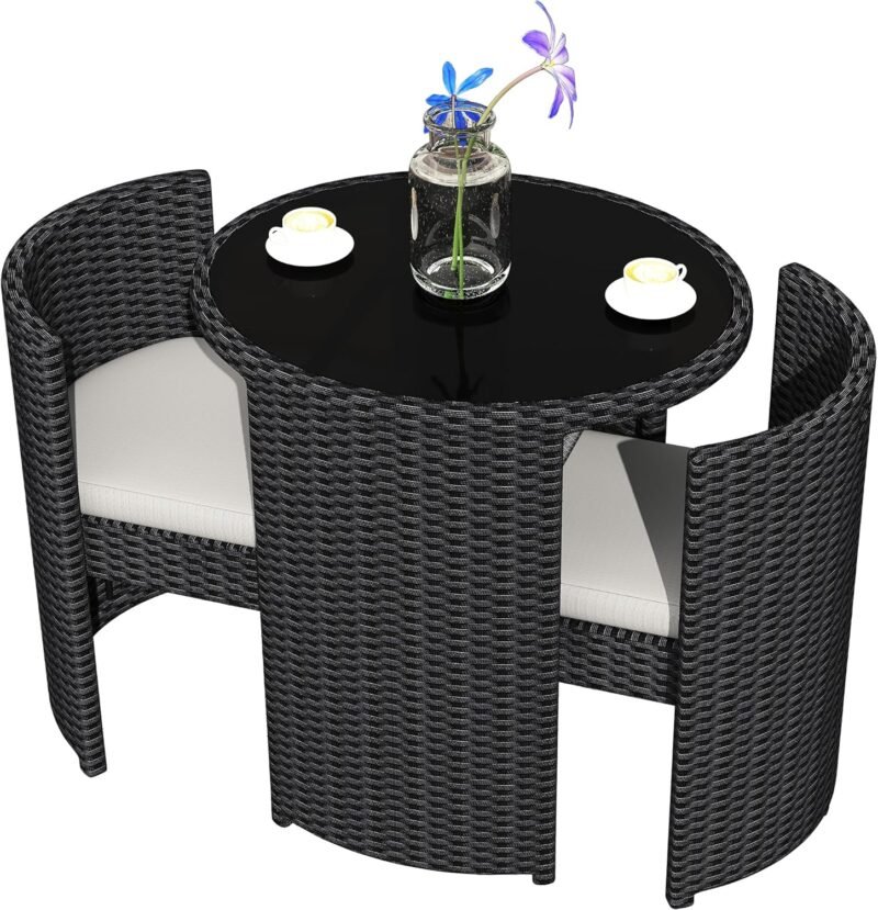 TWT 3 Pieces Aluminum Outdoor Patio Bistro Set All-Weather Wicker Patio Furniture with Tempered Glass Table & Patio Chairs for Poolside Porch Deck Apartment Black - Imagen 9