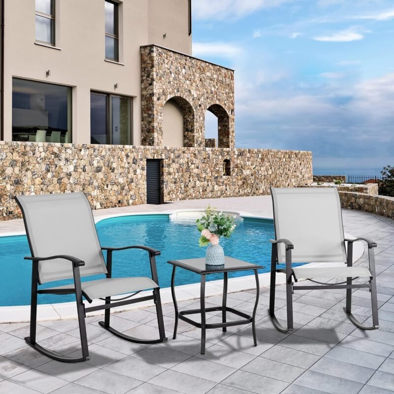 Vongrasig 3 Piece Outdoor Rocking Bistro Set, Textilene Fabric Small Patio Furniture Set, Front Porch Rocker Chairs Conversation Set with Glass Table for Lawn, Garden, Balcony, Poolside (Light Gray) - Imagen 2