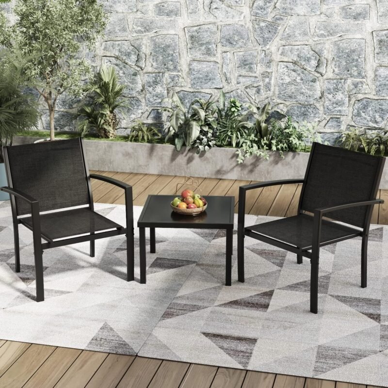Greesum 3 Pieces Patio Furniture Set Outdoor Conversation Textilene Fabric Chairs for Lawn, Garden, Balcony, Poolside with A Glass Coffee Table, Black - Imagen 2