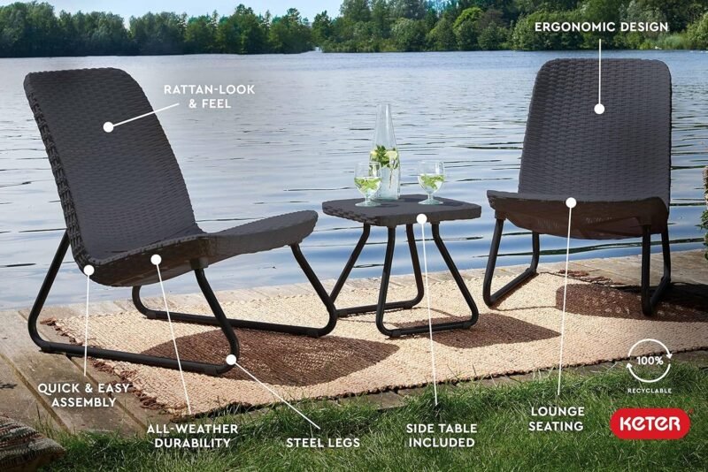 Keter Rio 3 Piece Resin Wicker Patio Furniture Set with Side Table and Outdoor Chairs for Front Porch and Backyard Decor, Dark Grey - Imagen 4