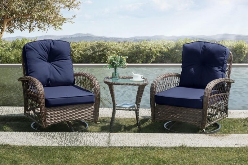 SHA CERLIN 3 Pieces Patio Furniture Set, Outdoor Swivel Glider Rocker, Wicker Patio Bistro Set with Rocking Chair, Cushions and Table (Blue) - Imagen 8