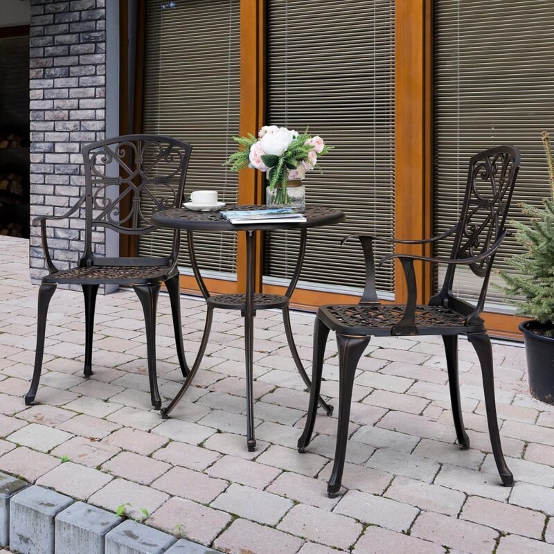 NUU GARDEN 3 Piece Outdoor Bistro Set Cast Aluminum Patio Set Bistro Table Set Rustproof Patio Table and Chairs with Umbrella Hole for Backyard, Balcony, Front Porch, Black - Imagen 7