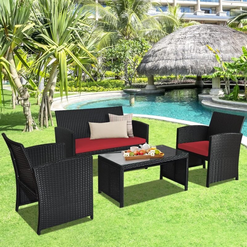 Goplus Rattan Patio Furniture Set 4 Pieces, Outdoor Wicker Conversation Sofa and Table Set with Soft Cushions & Tempered Glass Coffee Table for Balcony Garden Backyard (Red) - Imagen 8