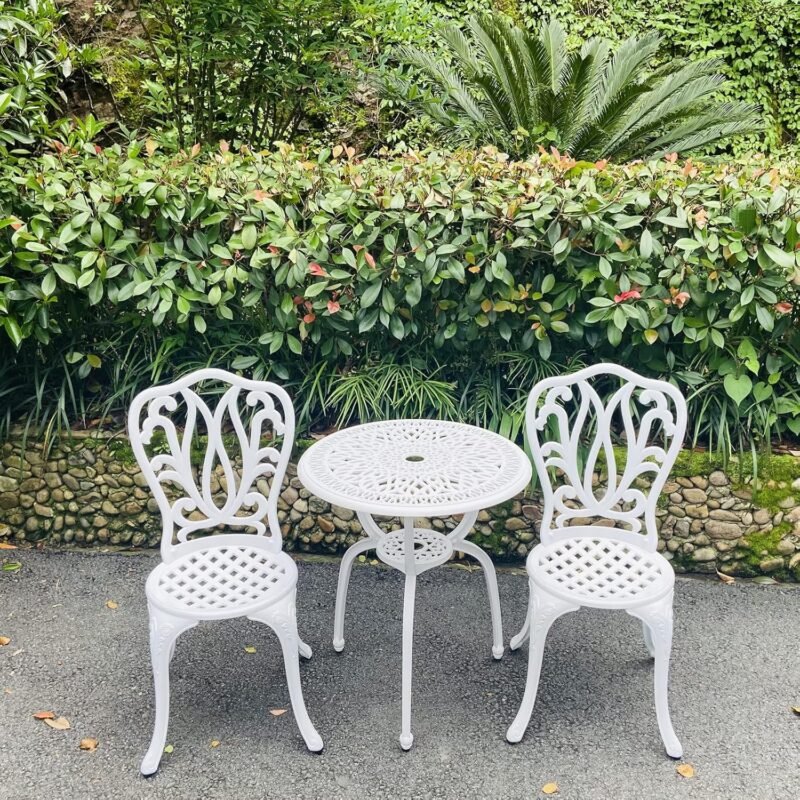 KAI LI Patio Bistro Sets 3 Piece cast Aluminum Patio Furniture Outdoor Garden Metal Rust Proof Tables and Chairs White bisrto Set (Big Tulip-White) - Imagen 7