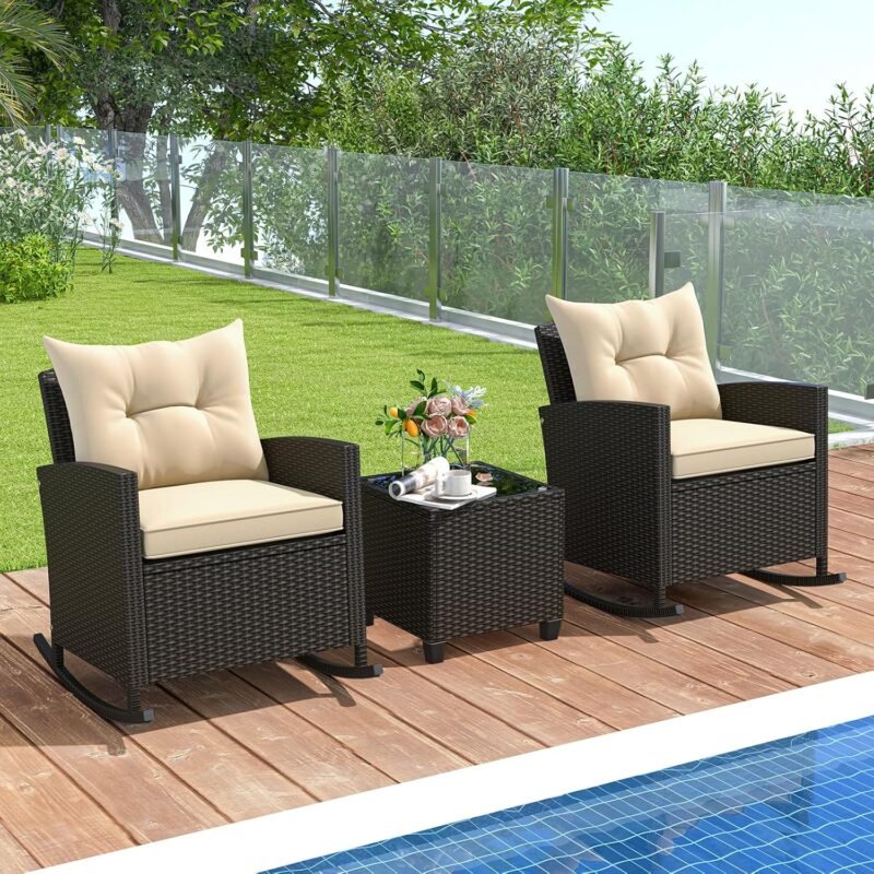 Tangkula 3 Piece Wicker Rocking Set, Patio Rattan Roker Chairs with Tempered Glass Table & Soft Cushions, Outdoor Furniture Set for Backyard, Poolside Porch (Beige) - Imagen 3