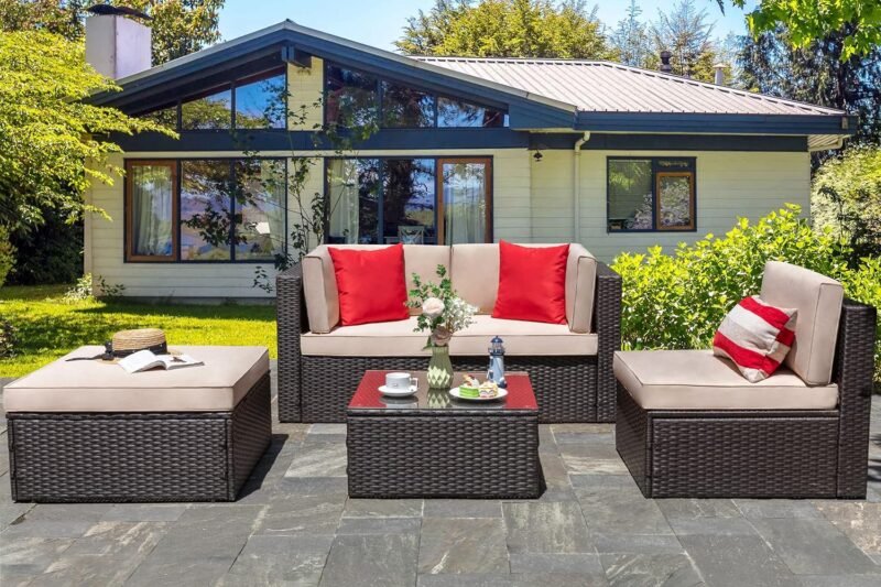 Vongrasig 5 Piece Patio Furniture Sets, All-Weather Brown PE Wicker Outdoor Couch Sectional Set, Small Conversation Set for Garden/Patio w/Ottoman, Glass Table, Red Pillow, Beige - Imagen 8