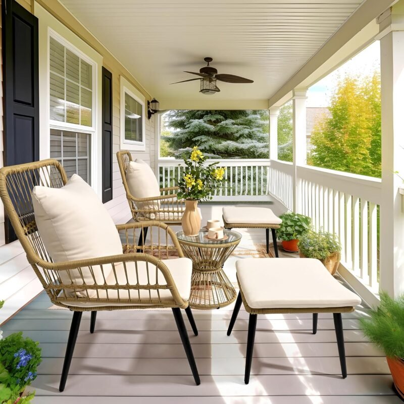 Pamapic Outdoor Patio Bistro Set with Ottoman 5 Piece Rattan Wicker Conversation Chair Sets Balcony Furniture Chairs for Yard Garden Porch Backyard Poolside, Beige - Imagen 5