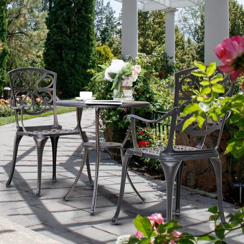 NUU GARDEN 3 Piece Outdoor Bistro Set Cast Aluminum Patio Set Bistro Table Set Rustproof Patio Table and Chairs with Umbrella Hole for Backyard, Balcony, Front Porch, Black - Imagen 2