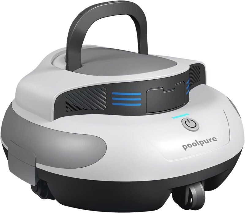 POOLPURE Robot de Piscina Dura 𝟱𝟱𝙒𝙝-𝟭𝟮𝟬 𝙢𝙞𝙣𝙪𝙩𝙤𝙨, Autoservicio, Doble Motor, IPX8 Resistente al Agua, Indicadores LED, inalámbrico con batería, Ideal para Piscinas Planas de hasta 90 m²