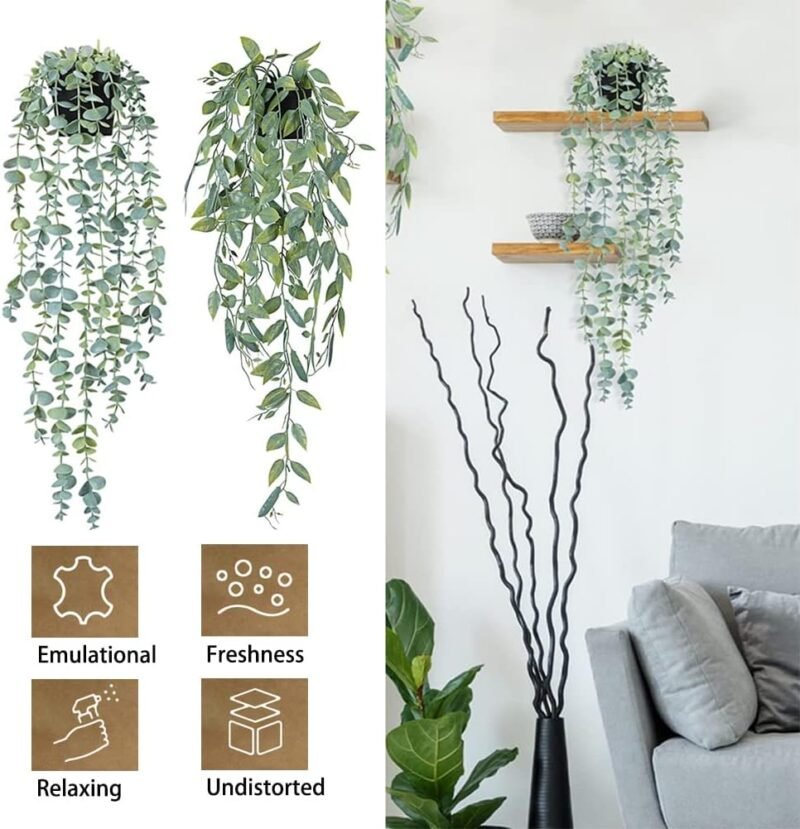 Plantas Artificiales Decorativas, 3 Pieza Plantas Artificiales Colgantes en Maceta, Eucalipto Artificial Plantas, Falsa Planta Colgante Vertical, Planta Colgante Simulación con Macetas para Decoración - Imagen 4
