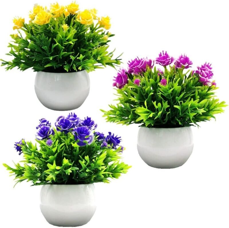 Fycooler Flores Artificiales Decoración, 3Pcs Plantas Artificiales de Maceta, Mini Artificiales Plastico Decorativas Plantas Falsas con Macetas para El Hogar Cocina Balcón Planta Artificial con Maceta