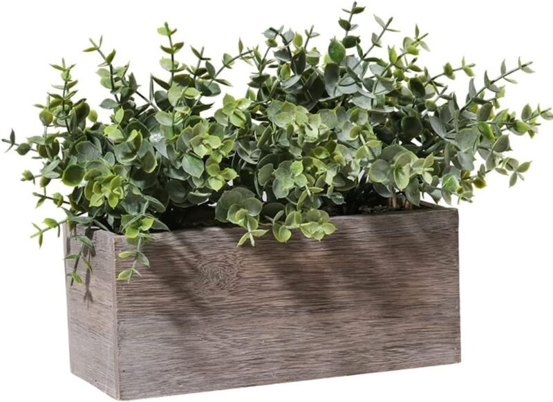Aisamco Hojas de eucalipto Artificial en Caja de Madera Ramas de eucalipto Falsas Plantas en Maceta Gris Verde Vegetación Artificial para Boda Decoración Floral