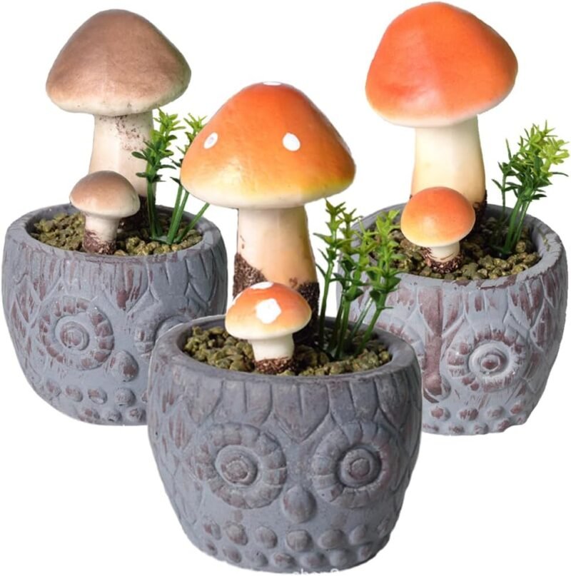 Aisamco 3 Plantas Artificiales en Maceta de Cerámica, Setas Artificiales en Maceta, Decoracion de Patios y Jardines