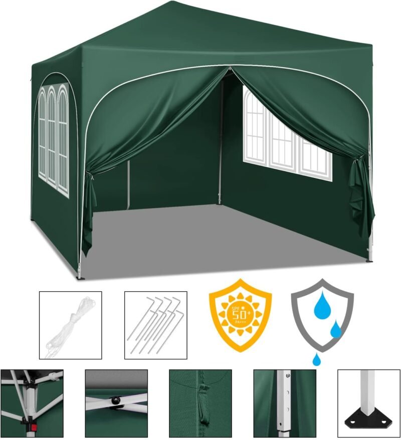 WOLTU Pabellón de Jardín Cenador Plegable Pérgola con Techo Carpa para Exteriores de Tela Oxford, 3x3 m, con Paredes Laterales Altura Ajustable para Camping y Playa,Verde - Imagen 6