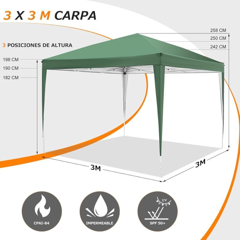YUEBO Carpa Plegable 3x3 con 4 Laterales Cenador Impermeables Exterior Protección UV 50 Pop Up Gazebo Playa Cenadores para Jardin,Terraza,Camping, Verde - Imagen 5