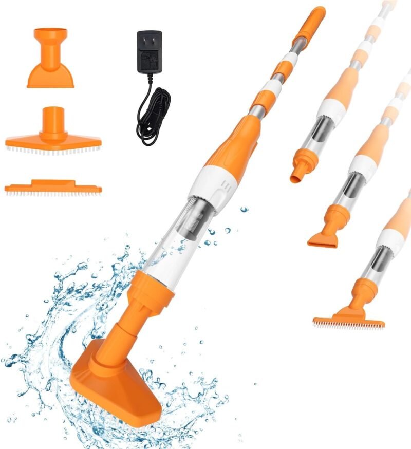 PoolyPoly Aspirador de Piscina Inalámbrico con Batería Recargable, 3 en 1 Limpiafondos de Piscina, Aspiradora Manual para Spas, Jacuzzi, Piscinas Pequeñas - Tiempo de Ejecución 90 Minutos, Naranja