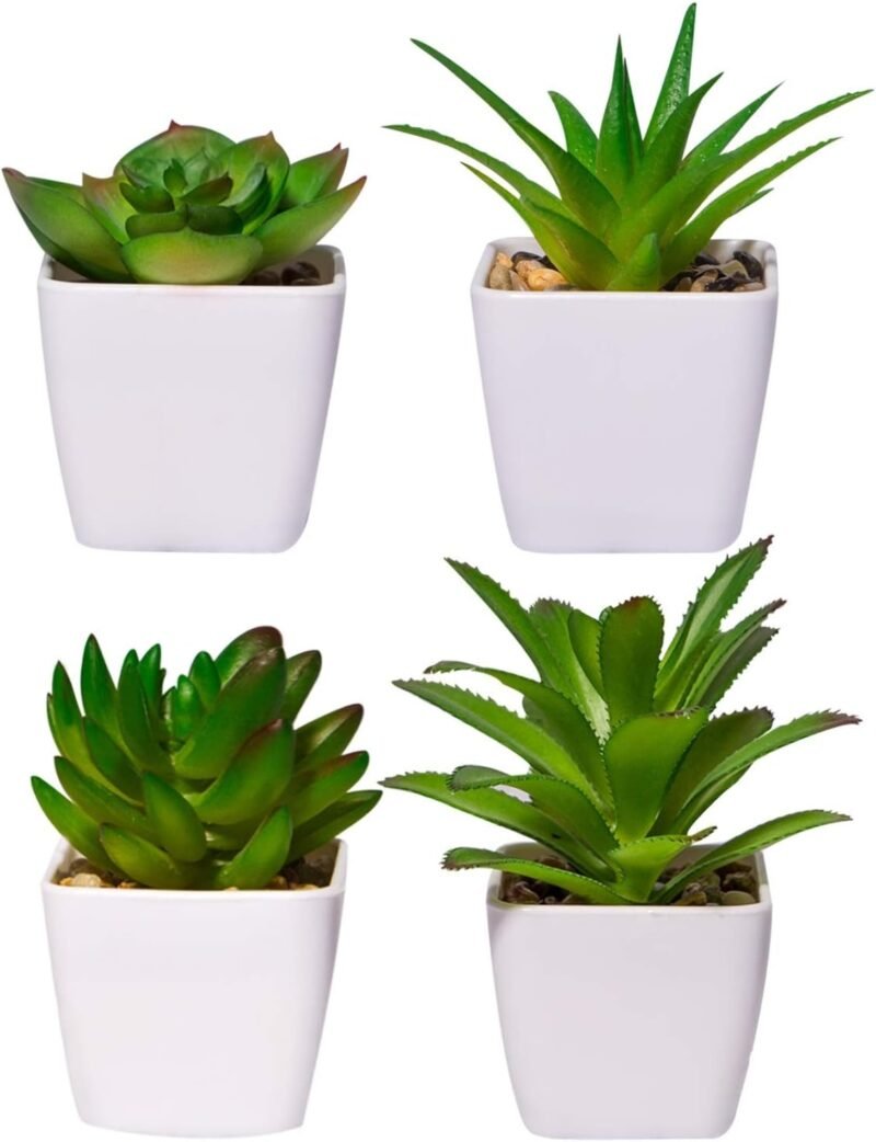 YHmall 4 Plantas Artificiales para Interiores, pequeñas Plantas Artificiales, suculentas de plástico, con Maceta de cerámica, Falsas Plantas Verdes