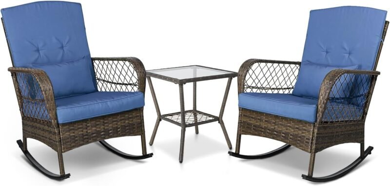 ENSTVER 3 Pieces Patio Conversation Set w/ 2 Rattan Wicker Rocking Chairs and Glass Table,for Garden Backyard Lown Porch(Dark Blue)