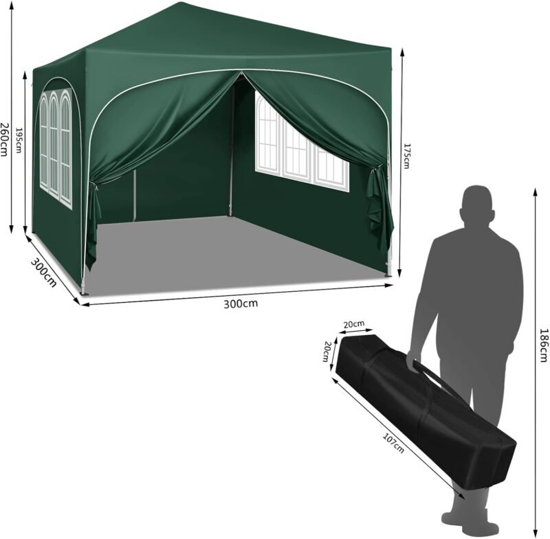 WOLTU Pabellón de Jardín Cenador Plegable Pérgola con Techo Carpa para Exteriores de Tela Oxford, 3x3 m, con Paredes Laterales Altura Ajustable para Camping y Playa,Verde - Imagen 8