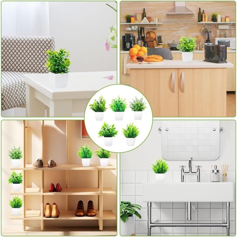 Rebanky 5 Piezas Mini Plantas Artificiales con Macetas Decorativas Plantas de Plástico Mini Ecologización Plantas Artificiales Plantas Falsas Verdes en Maceta para Hogar Baño Mesa de Despacho - Imagen 4