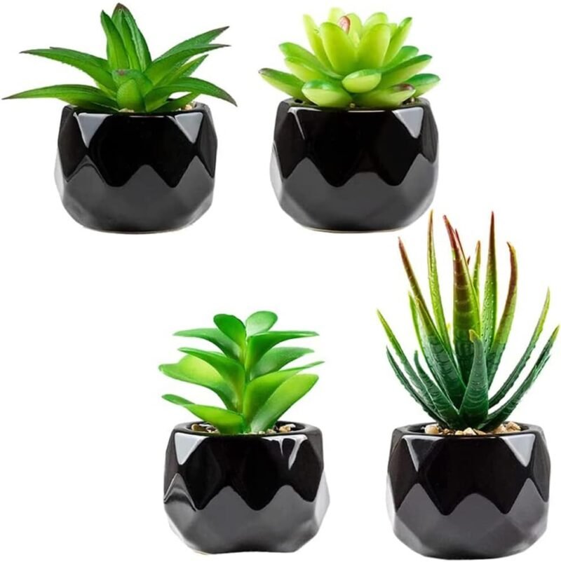 Plantas suculentas artificiales en maceta para interiores, juego de 4 pequeñas plantas falsas en maceta de cerámica negra, hogar, oficina